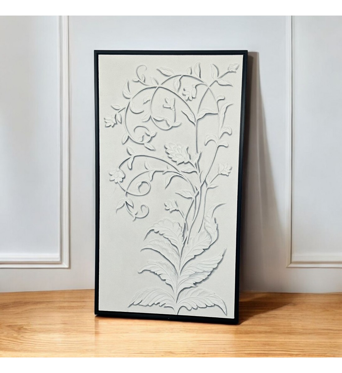 لوحة فنية بخطوط شجرية  هندسية جبسية باطار اسود 100×200سم (المنتج تفصيل )