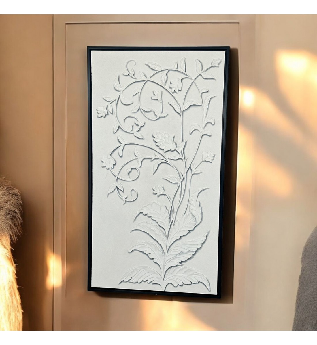 لوحة فنية بخطوط شجرية  هندسية جبسية باطار اسود 100×200سم (المنتج تفصيل )