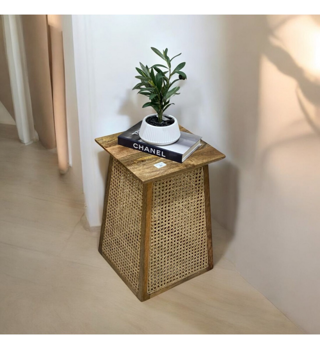 Wooden side table with Indian rattan 55 x 35 cm, assorted (several colors for the table top)