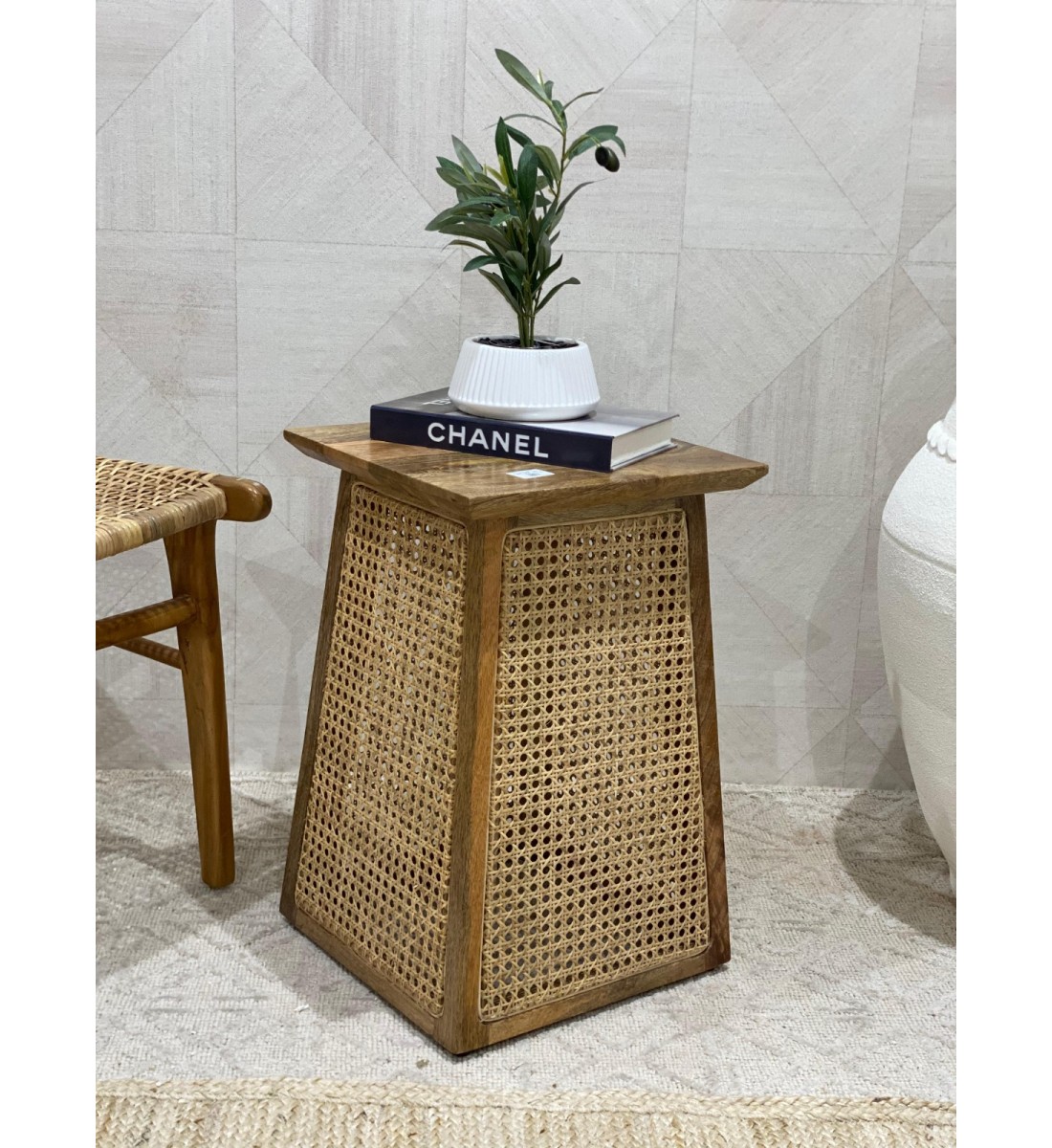 Wooden side table with Indian rattan 55 x 35 cm, assorted (several colors for the table top)