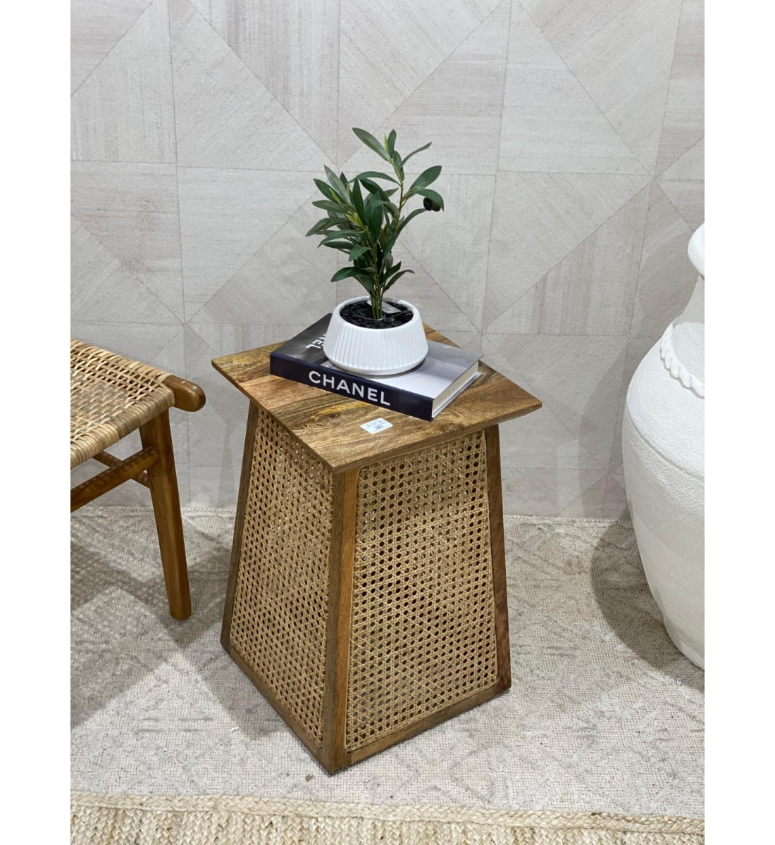 Wooden side table with Indian rattan 55 x 35 cm, assorted (several colors for the table top)