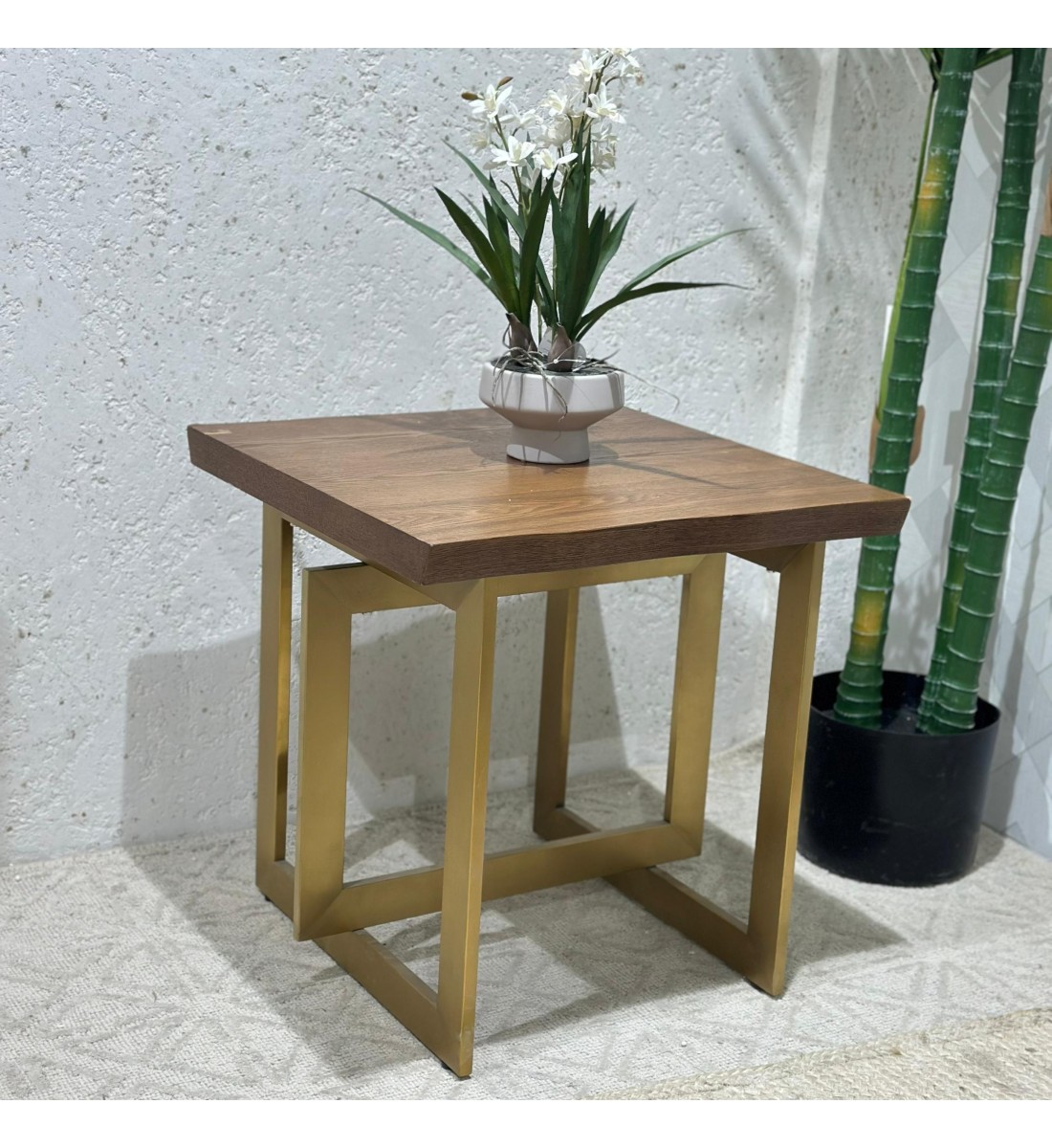 Single Gold Wood Steel Service Table 55x55x55cm