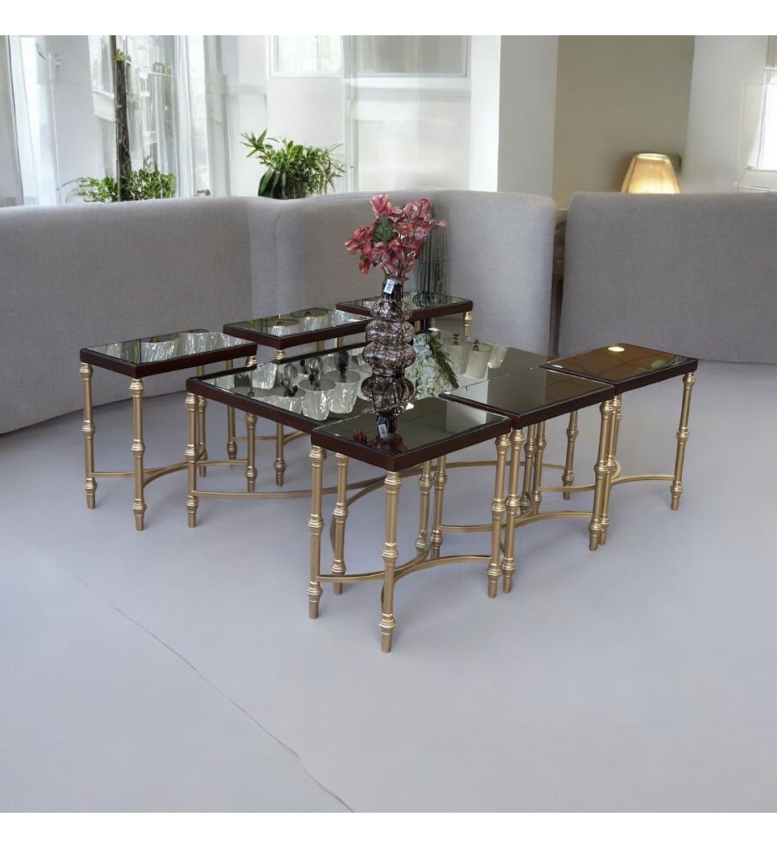 طقم طاولة خدمة بزجاج  قاعده حديد ماكس (شامبين)  7 قطعة (منتج تفصيل )