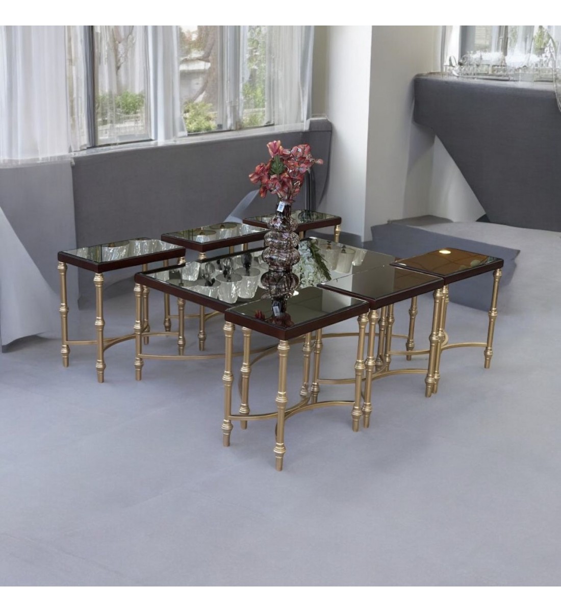 طقم طاولة خدمة بزجاج  قاعده حديد ماكس (شامبين)  7 قطعة (منتج تفصيل )