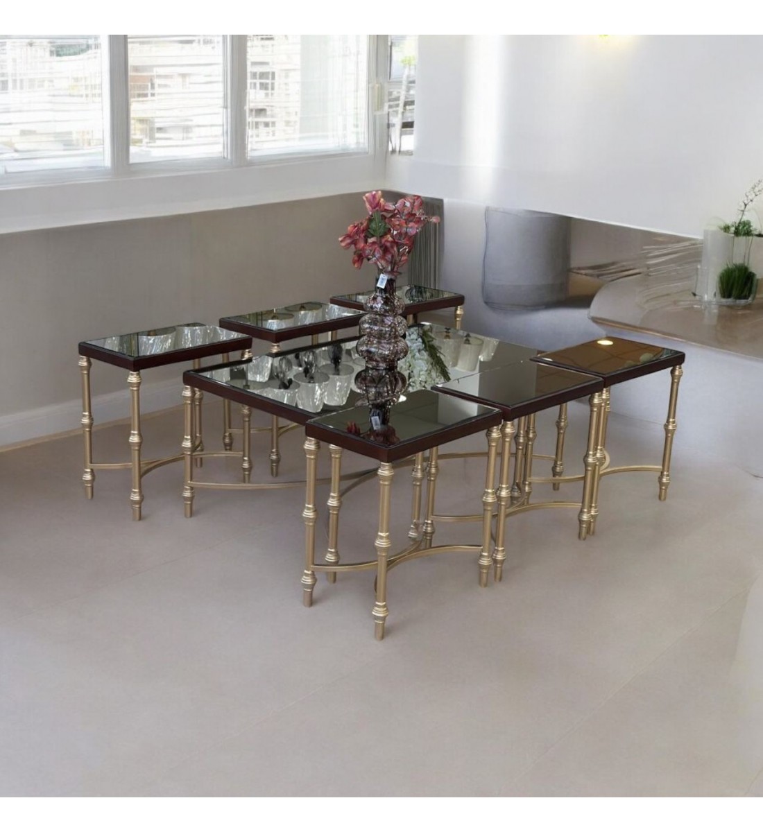 طقم طاولة خدمة بزجاج  قاعده حديد ماكس (شامبين)  7 قطعة (منتج تفصيل )