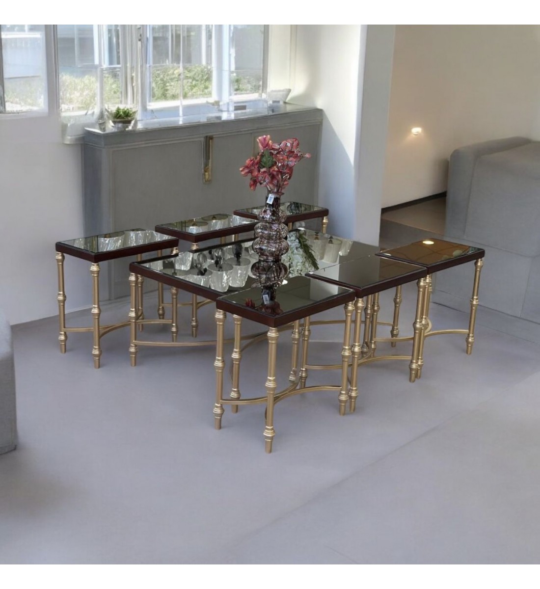 طقم طاولة خدمة بزجاج  قاعده حديد ماكس (شامبين)  7 قطعة (منتج تفصيل )
