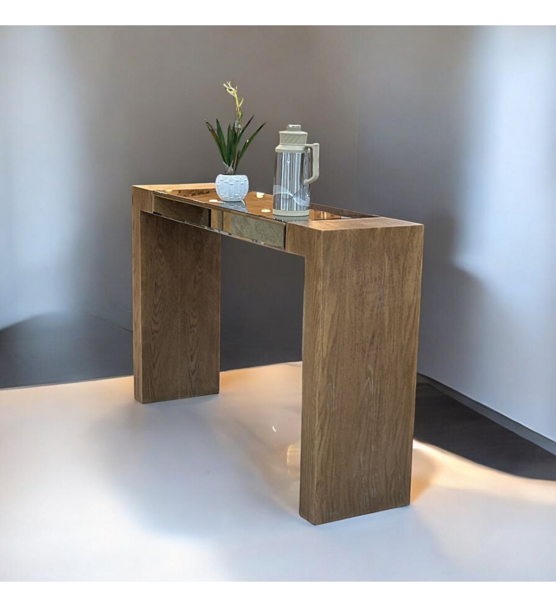 Console - Brown Wood Entrance with Mirror 160 x 40 x 100 cm (Detail Product)