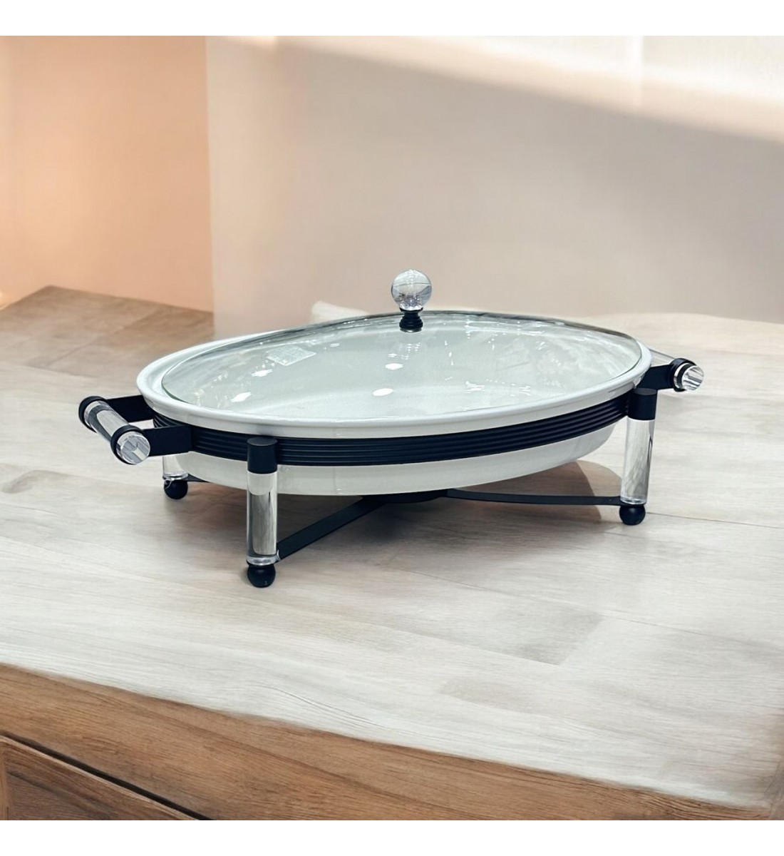 سخان بوفية صحن تقديم سيراميك لتسخين الطعام مزود بغطاء بتصميم فريد 36×26×12سم 