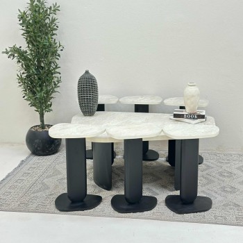 طقم طاولات 7قطع سطح بديل حجر ملمس خشن قاعده الطاولة الرئيسية صاج حديد والطاولات الجانبية قاعدة خشب لون اسود