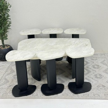 طقم طاولات 7قطع سطح بديل حجر ملمس خشن قاعده الطاولة الرئيسية صاج حديد والطاولات الجانبية قاعدة خشب لون اسود