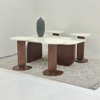 طقم طاولات 5قطع سطح بديل الرخام ملمس ناعم  قاعدة خشب لون بني