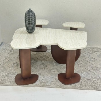 طقم طاولات 5قطع سطح بديل الرخام ملمس ناعم  قاعدة خشب لون بني