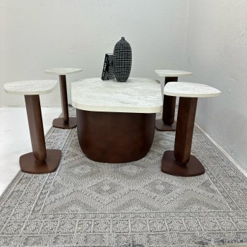 طقم طاولات 5قطع سطح بديل حجر ملمس خشن  قاعدة الطاولة حديد والخدمة خشب اللون بني