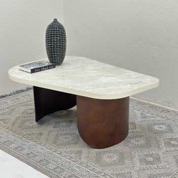 طاولة قهوة سطح بديل حجر ملمس خشن قاعده حديد لون بني