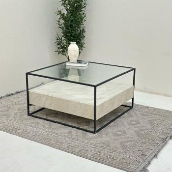 طاولة قهوه سطح  زجاج بالنصف بديل الرخام قاعده حديد،