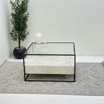طاولة قهوه سطح  زجاج بالنصف بديل الرخام قاعده حديد،