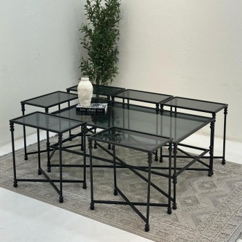طقم طاولات 7قطع سطح زجاج قاعده حديد لون اسود
