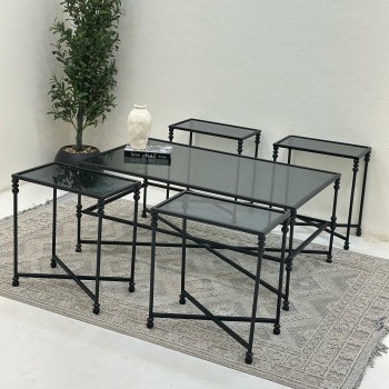 طقم طاولات 5قطع سطح زجاج قاعده حديد لون اسود