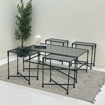 طقم طاولات 5قطع سطح زجاج قاعده حديد لون اسود