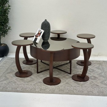 طقم طاولات 7قطع سطح مرايا قاعده خشب لون بني