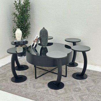 طقم طاولات 7قطع سطح مرايا قاعده خشب لون اسود