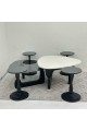 6-piece table set, the first table top is a marble alternative with a smooth texture, and the second table top is glass with black wooden bases.