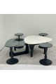 6-piece table set, the first table top is a marble alternative with a smooth texture, and the second table top is glass with black wooden bases.