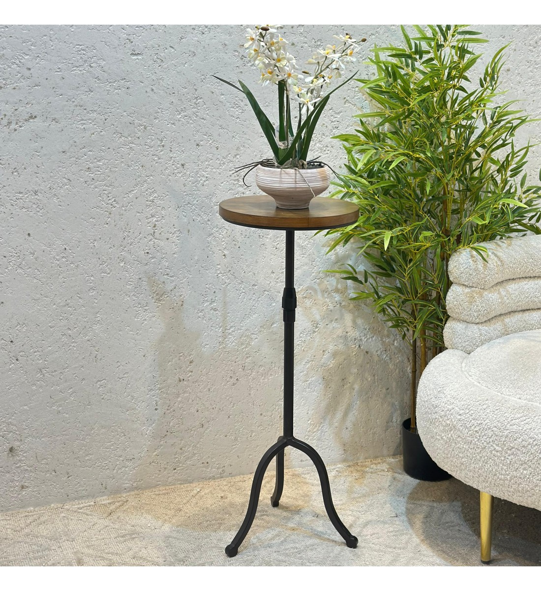 Handmade side table round wood with iron base