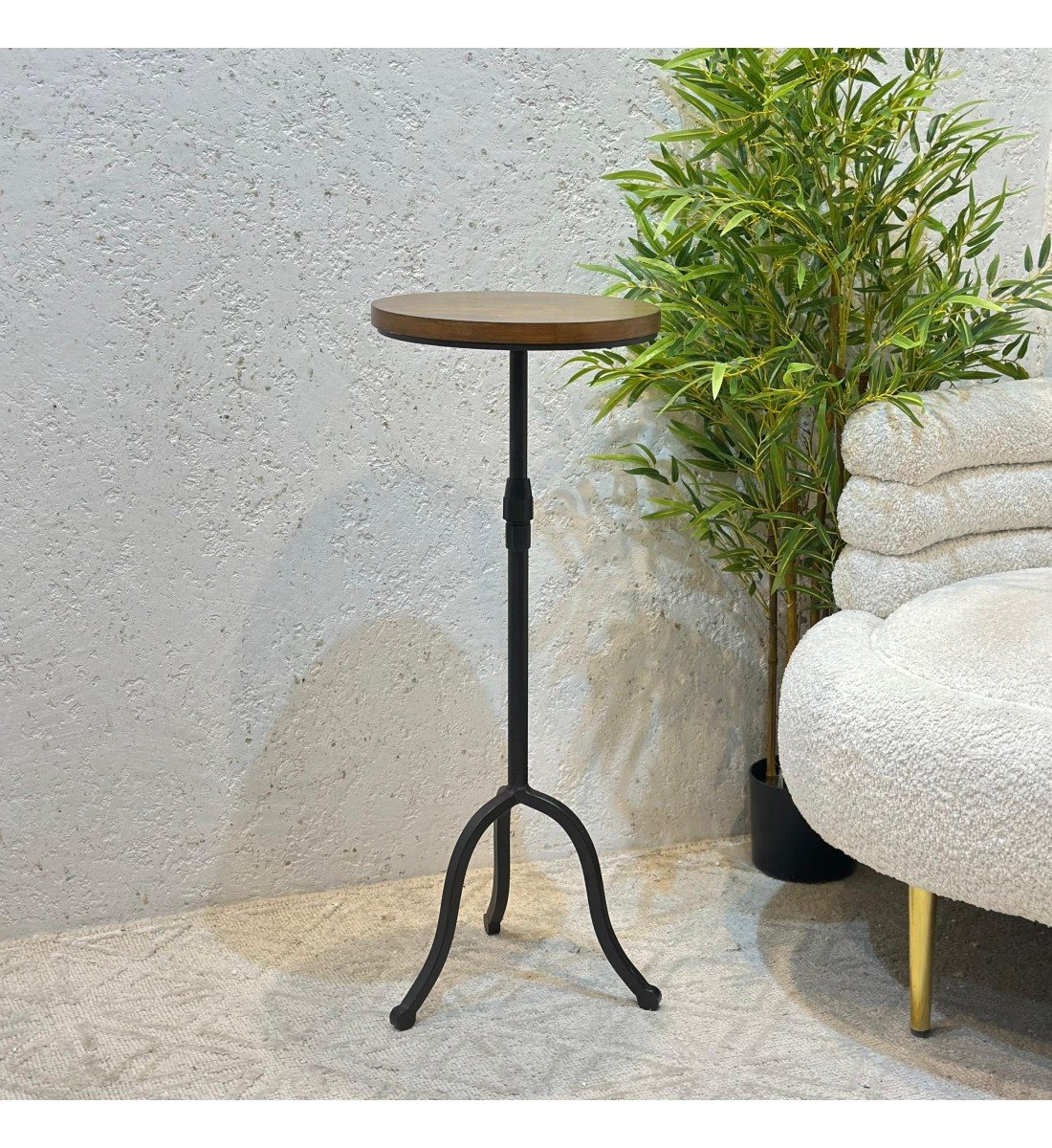 Handmade side table round wood with iron base