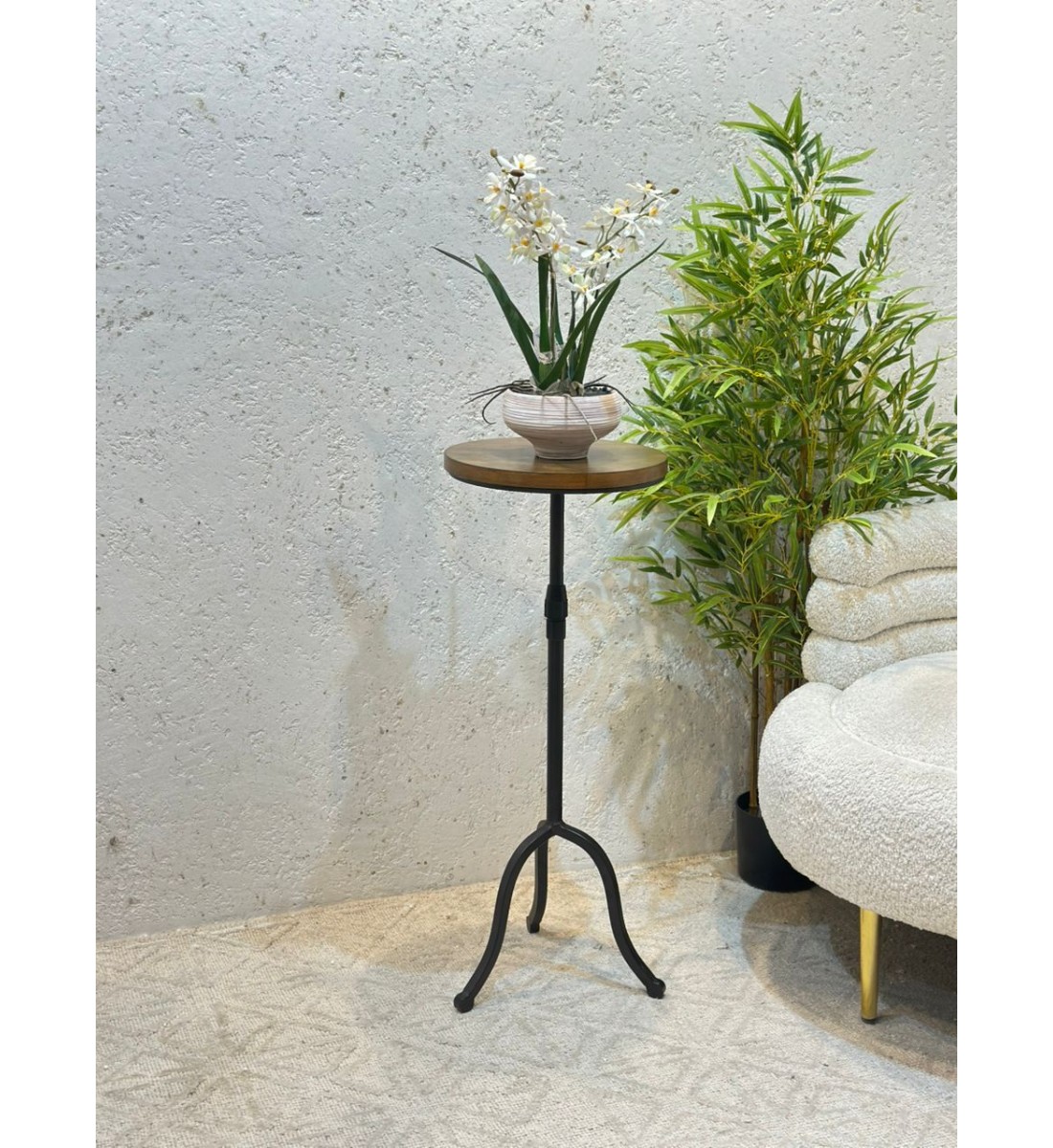 Handmade side table round wood with iron base