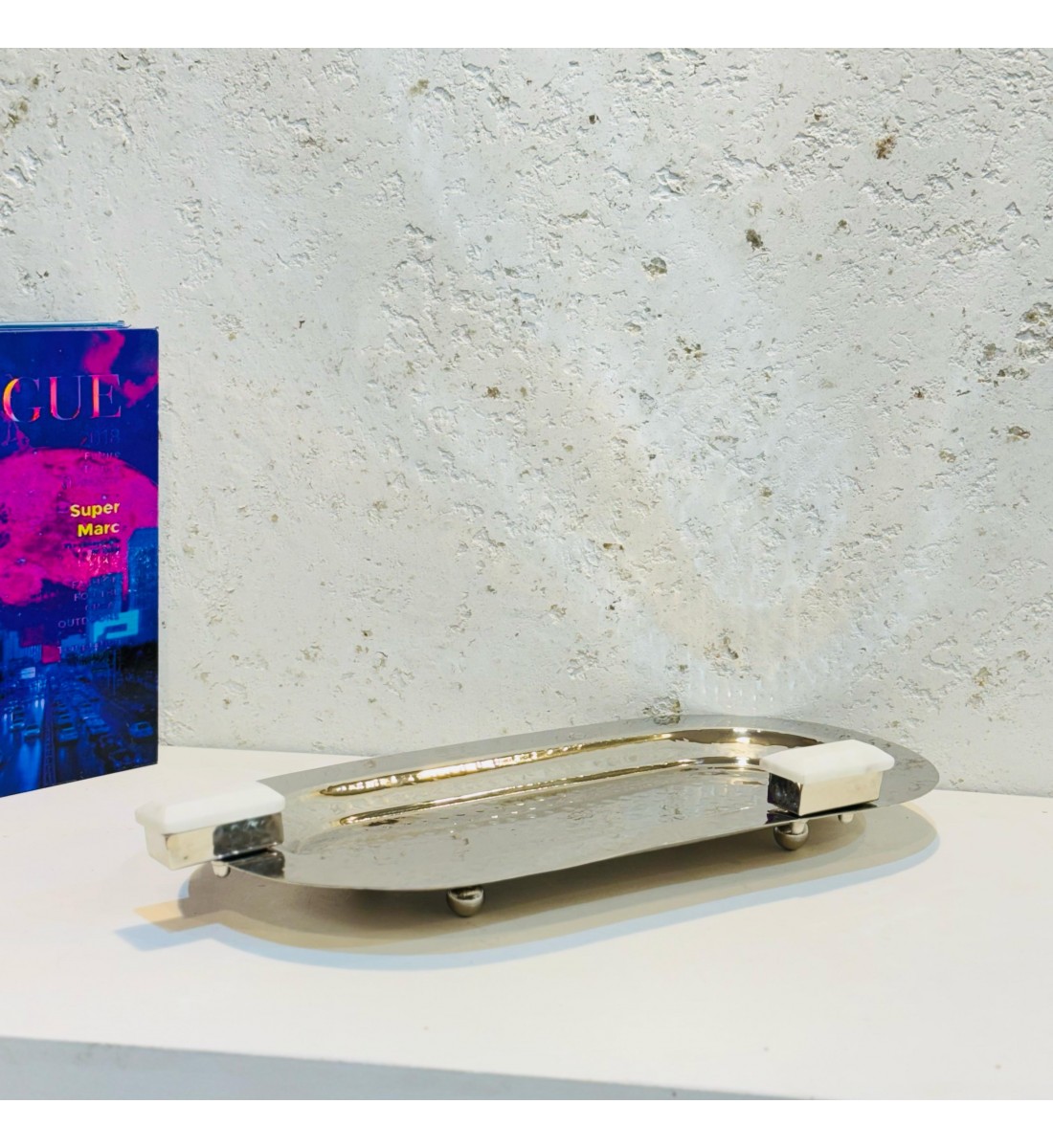 Stainless steel serving plate, size 18 x 36 x 4 cm