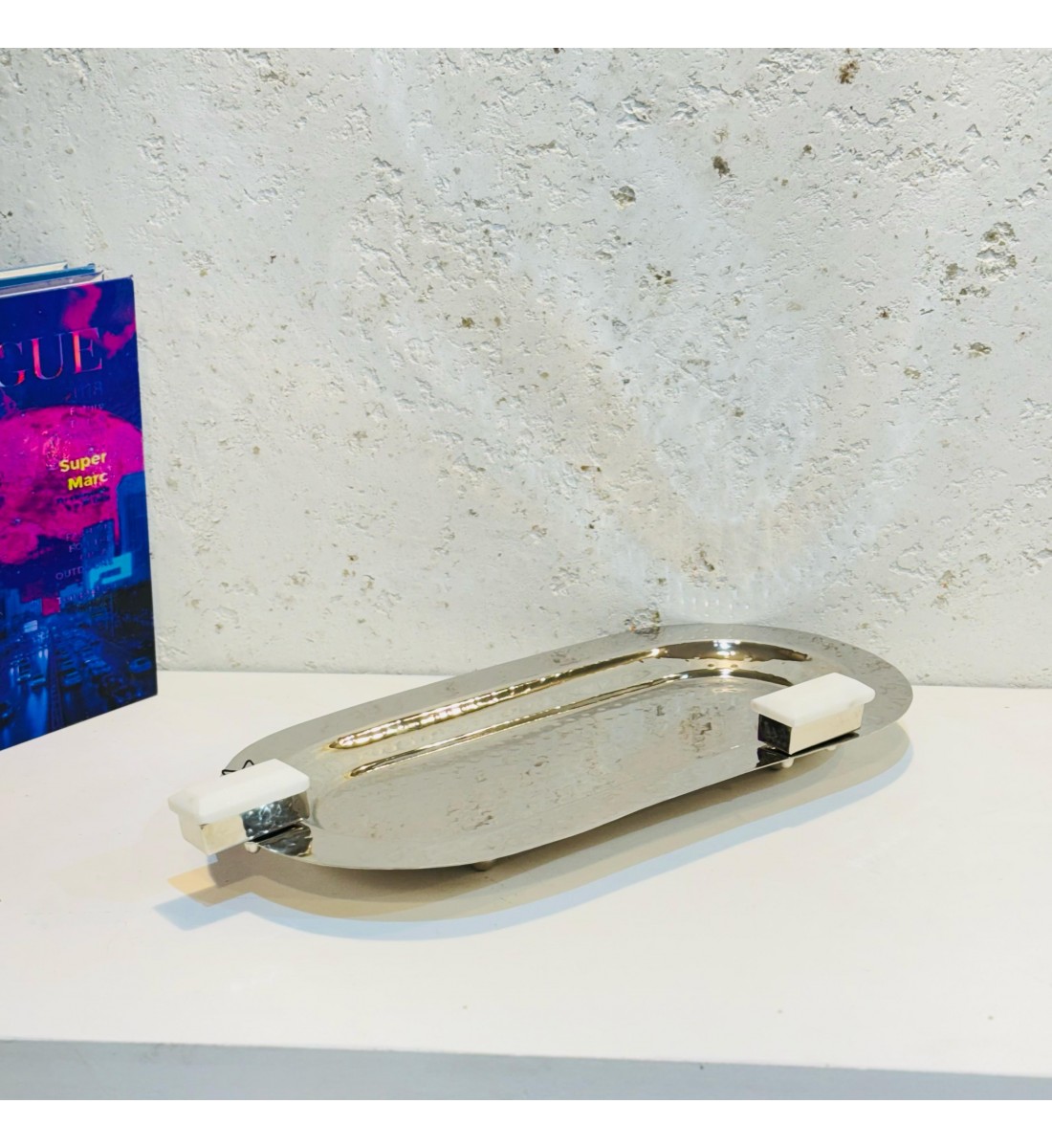 Stainless steel serving plate, size 18 x 36 x 4 cm
