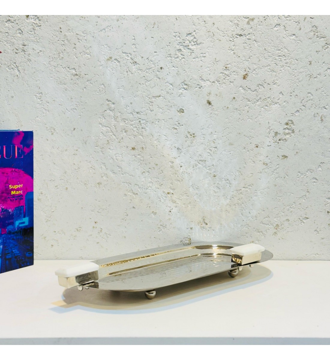 Stainless steel serving plate, size 18 x 36 x 4 cm