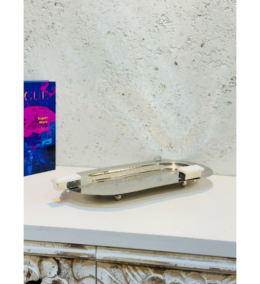 Stainless steel serving plate, size 18 x 36 x 4 cm