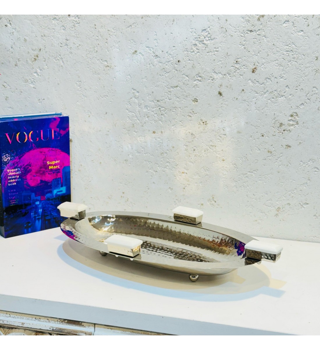 Stainless steel serving plate, size 39 x 20 x 5 cm