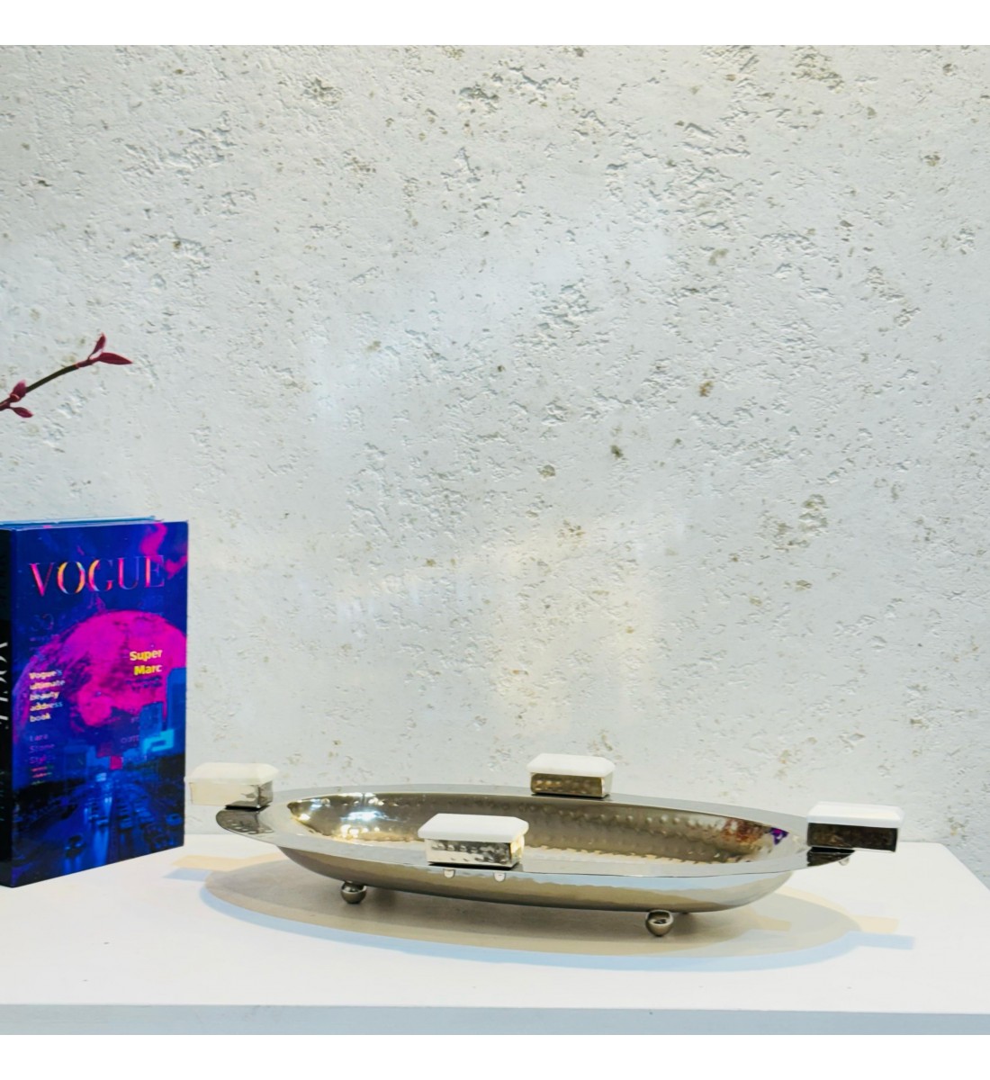 Stainless steel serving plate, size 39 x 20 x 5 cm