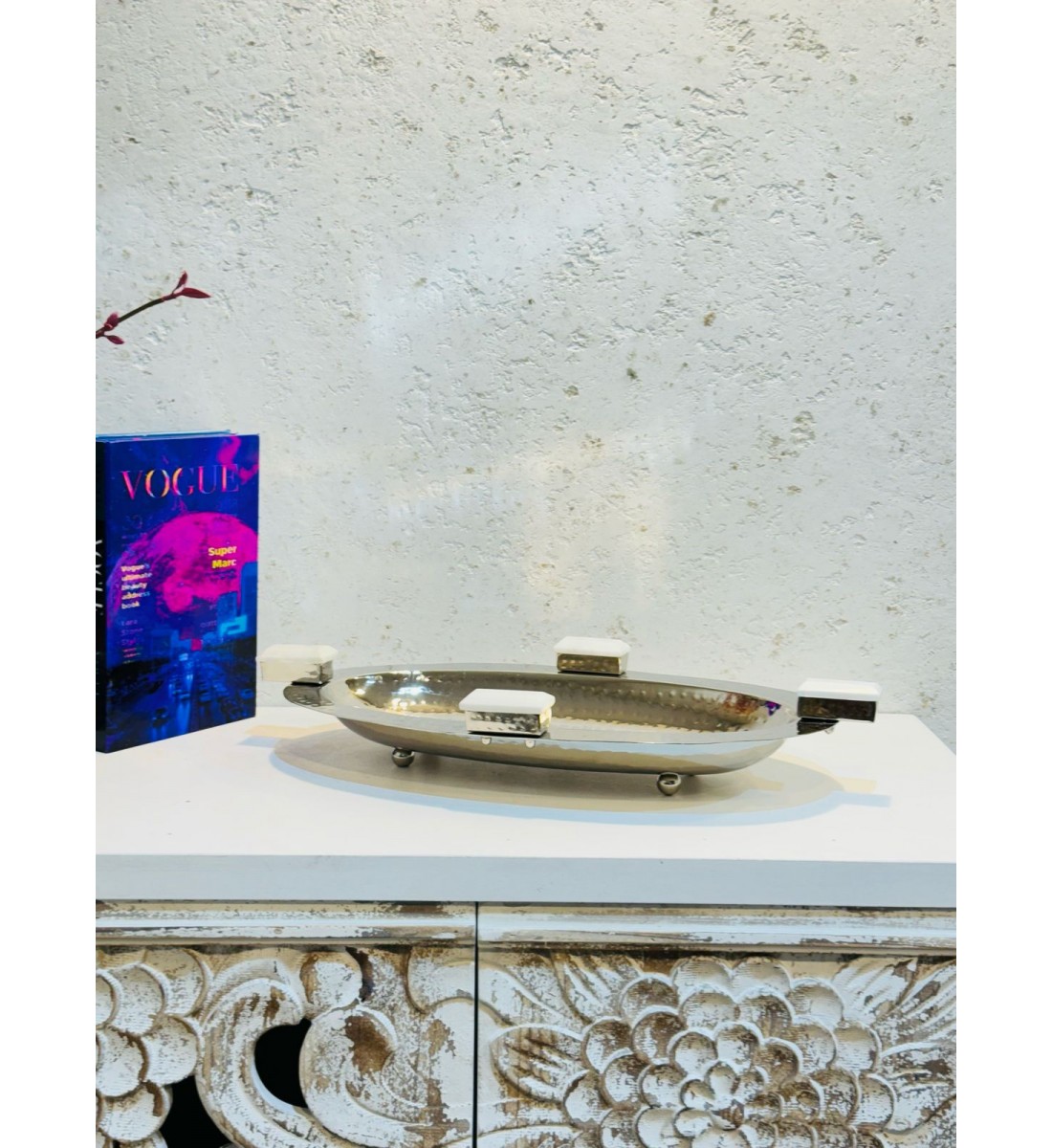 Stainless steel serving plate, size 39 x 20 x 5 cm