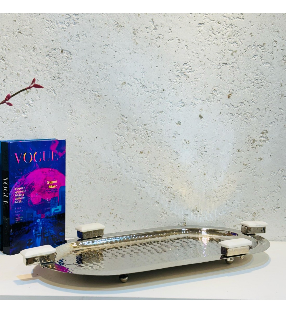 Stainless steel serving plate, size 46 x 26 x 3 cm