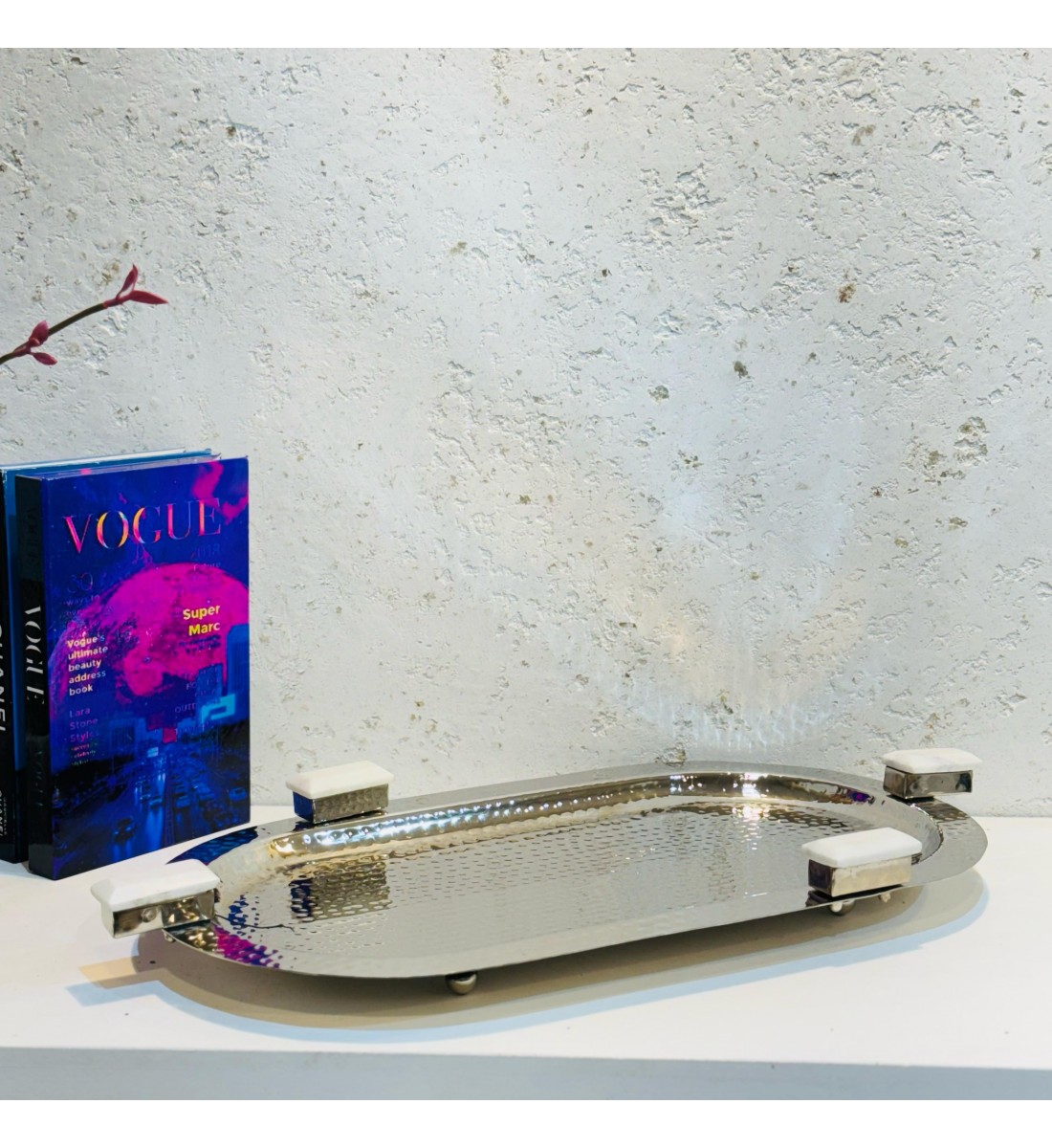 Stainless steel serving plate, size 46 x 26 x 3 cm