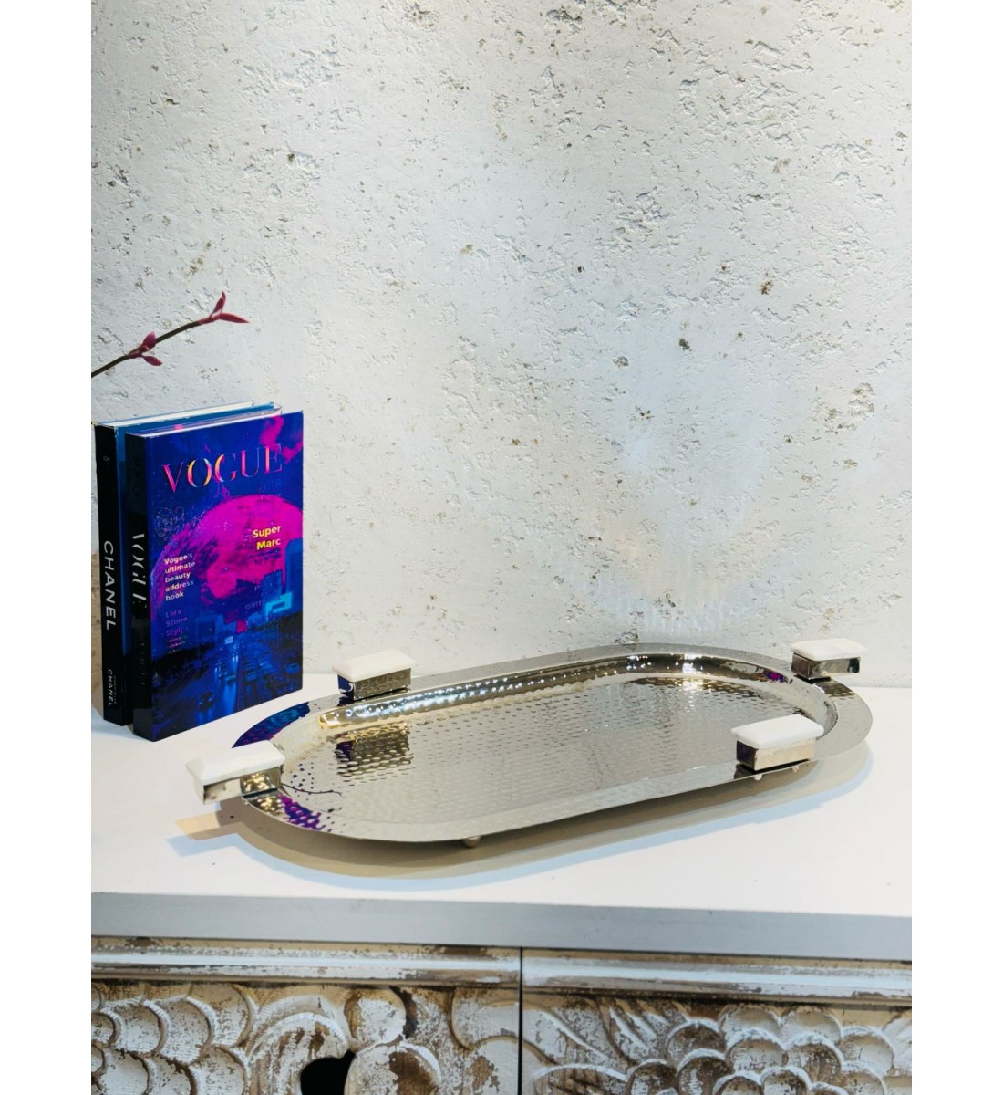 Stainless steel serving plate, size 46 x 26 x 3 cm