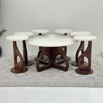 طقم طاولات 7قطع سطح بديل الرخام ملمس ناعم قاعده خشب لون بني