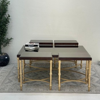 طقم طاولات 5 قطع سطح مرايا قاعده حديد لون ذهبي