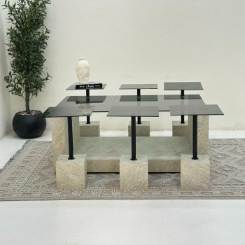 طقم طاولات يو 7 قطع سطح زجاج اسود قاعده بديل حجر