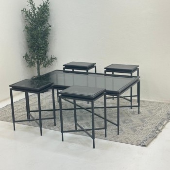 طقم طاولات 5قطع سطح زجاج قاعدة حديدلون اسود