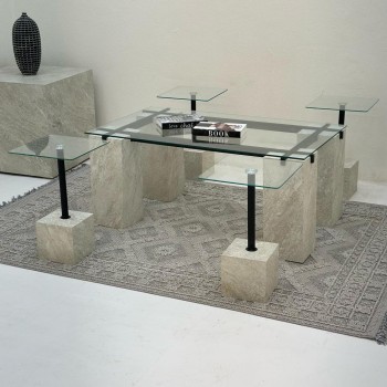 طقم طاولات بروفايل  5قطع سطح زجاج قاعده بديل حجر 