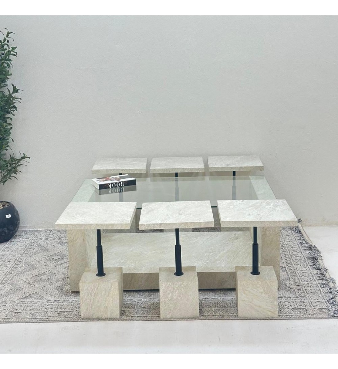 طقم طاولات يو 7 قطع سطح زجاج قاعده بديل حجر خشن طقم طاولات يو 7 قطع سطح زجاج قاعده بديل حجر خشن