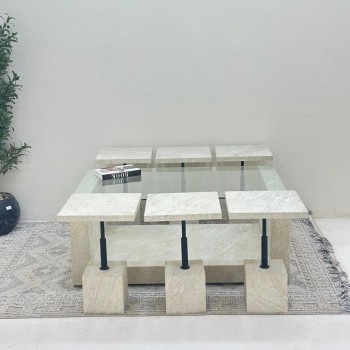 طقم طاولات يو 7 قطع سطح زجاج قاعده بديل حجر خشن