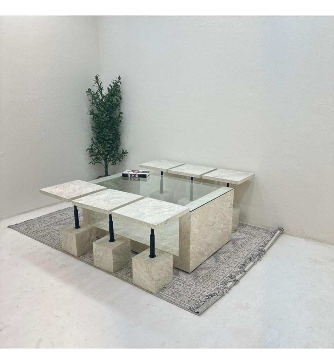 طقم طاولات يو 7 قطع سطح زجاج قاعده بديل حجر خشن طقم طاولات يو 7 قطع سطح زجاج قاعده بديل حجر خشن