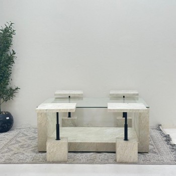 طقم طاولات يو 5قطع سطح زجاج قاعده بديل حجر خشن