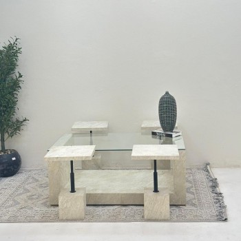 طقم طاولات يو 5قطع سطح زجاج قاعده بديل حجر خشن